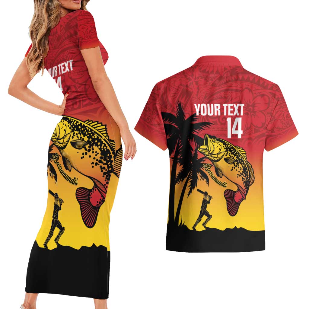 Custom Papua New Guinea Cricket Couples Matching Short Sleeve Bodycon Dress and Hawaiian Shirt PNG Barramundis LT14 - Polynesian Pride