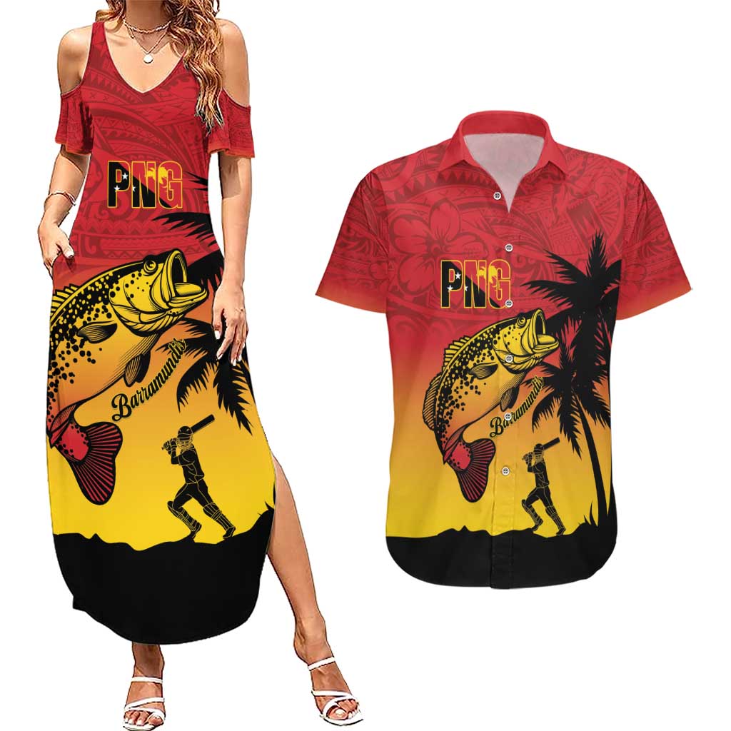 Custom Papua New Guinea Cricket Couples Matching Summer Maxi Dress and Hawaiian Shirt PNG Barramundis LT14 Red - Polynesian Pride