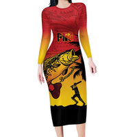 Custom Papua New Guinea Cricket Family Matching Long Sleeve Bodycon Dress and Hawaiian Shirt PNG Barramundis LT14 Mom's Dress Red - Polynesian Pride