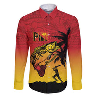 Custom Papua New Guinea Cricket Family Matching Mermaid Dress and Hawaiian Shirt PNG Barramundis LT14 Dad's Shirt - Long Sleeve Red - Polynesian Pride