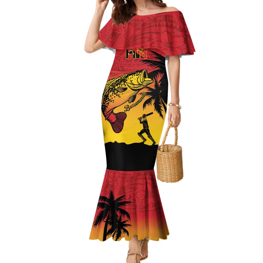 Custom Papua New Guinea Cricket Family Matching Mermaid Dress and Hawaiian Shirt PNG Barramundis LT14 Mom's Dress Red - Polynesian Pride