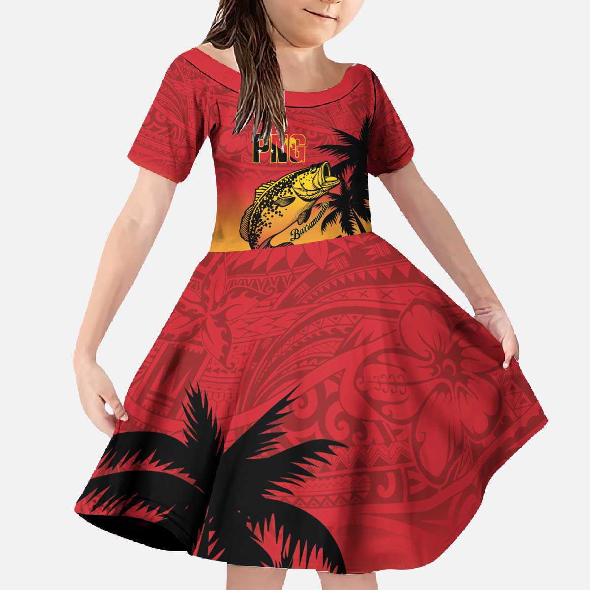 Custom Papua New Guinea Cricket Family Matching Off The Shoulder Long Sleeve Dress and Hawaiian Shirt PNG Barramundis LT14 Daughter's Dress Red - Polynesian Pride