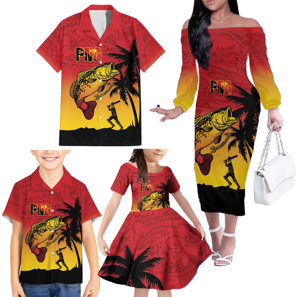 Custom Papua New Guinea Cricket Family Matching Off The Shoulder Long Sleeve Dress and Hawaiian Shirt PNG Barramundis LT14 - Polynesian Pride