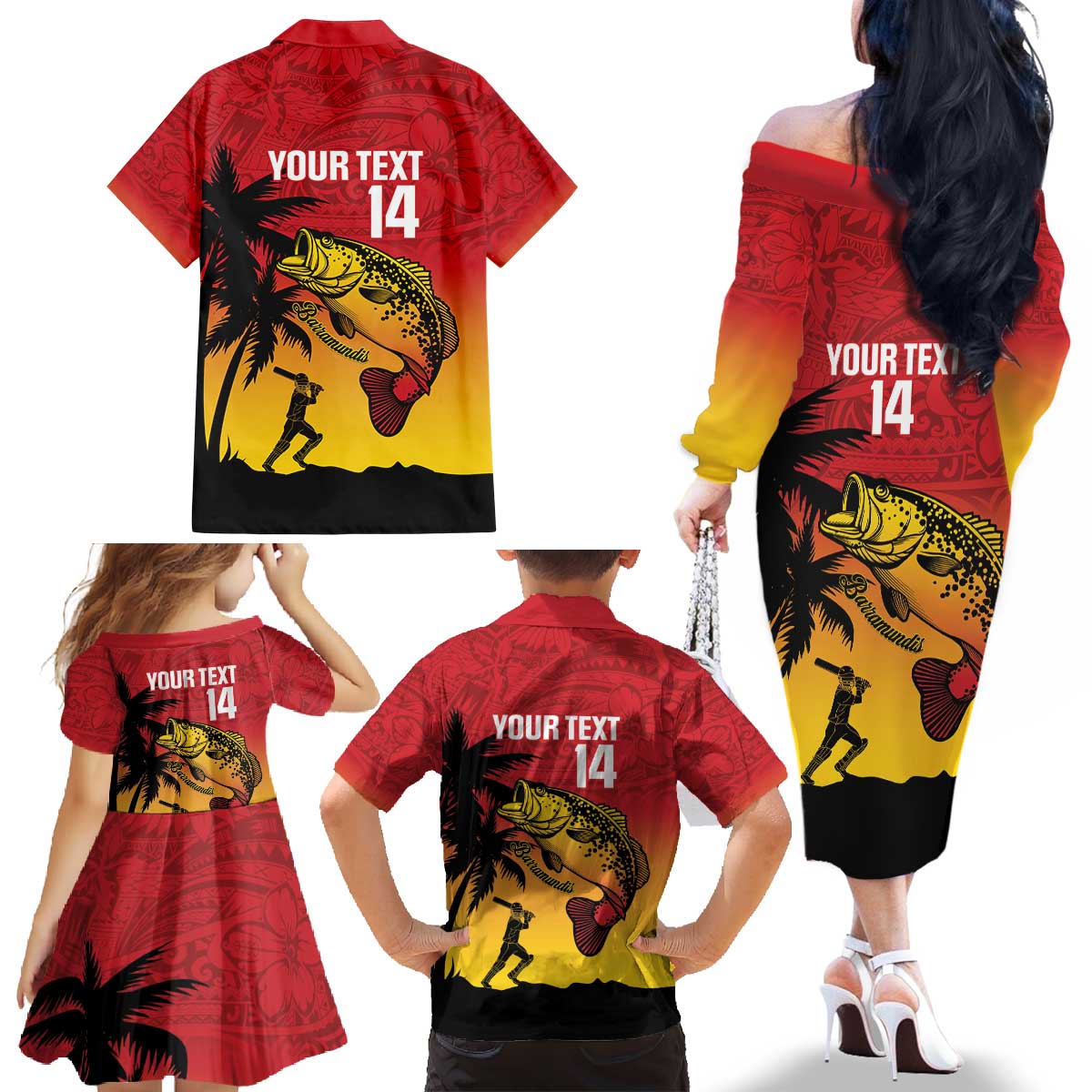 Custom Papua New Guinea Cricket Family Matching Off The Shoulder Long Sleeve Dress and Hawaiian Shirt PNG Barramundis LT14 - Polynesian Pride