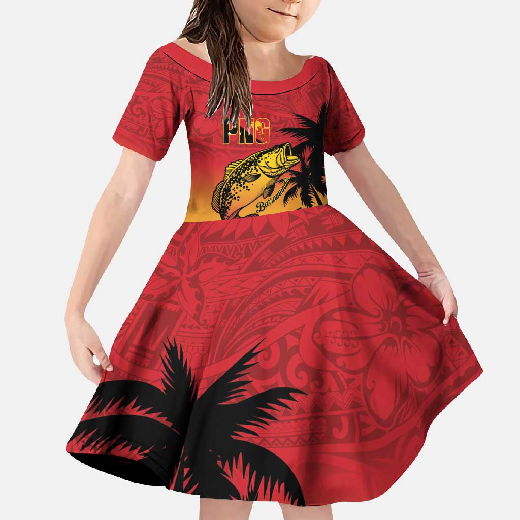Custom Papua New Guinea Cricket Family Matching Off Shoulder Maxi Dress and Hawaiian Shirt PNG Barramundis LT14 Daughter's Dress Red - Polynesian Pride