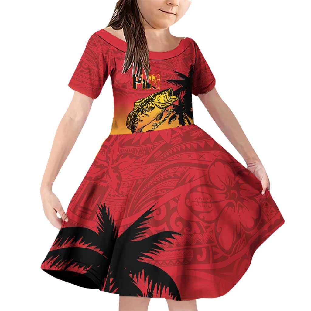 Custom Papua New Guinea Cricket Family Matching Off Shoulder Short Dress and Hawaiian Shirt PNG Barramundis LT14 Daughter's Dress Red - Polynesian Pride
