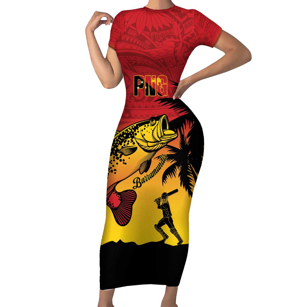Custom Papua New Guinea Cricket Family Matching Short Sleeve Bodycon Dress and Hawaiian Shirt PNG Barramundis LT14 Mom's Dress Red - Polynesian Pride