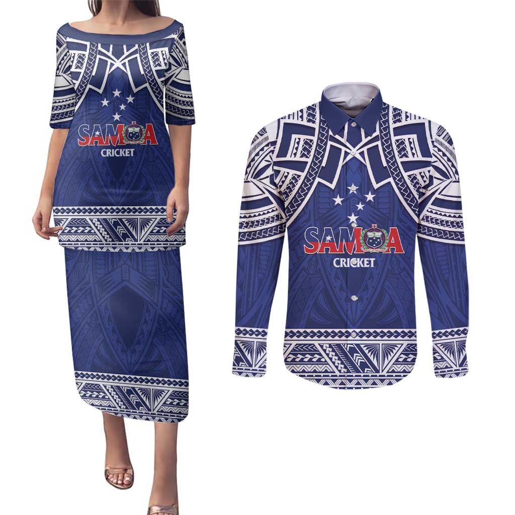 Custom Samoa Cricket Couples Matching Puletasi and Long Sleeve Button Shirt Go Champions Samoan - Polynesian Pride
