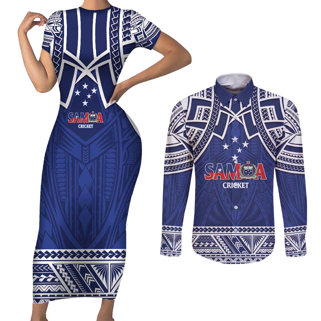 Custom Samoa Cricket Couples Matching Short Sleeve Bodycon Dress and Long Sleeve Button Shirt Go Champions Samoan - Polynesian Pride