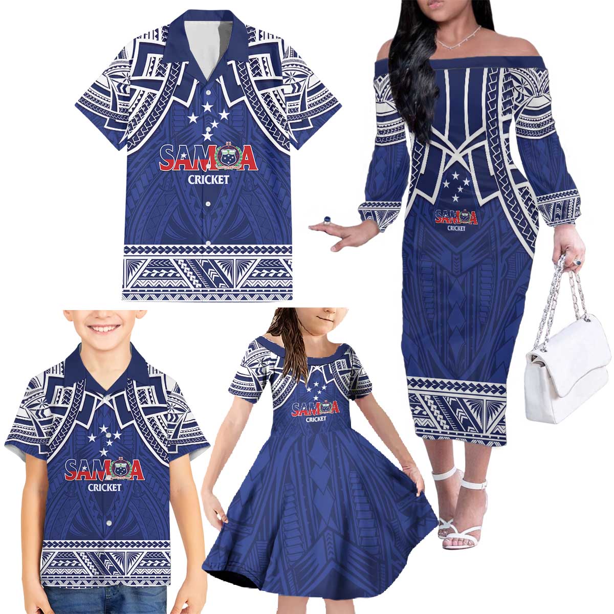 Custom Samoa Cricket Family Matching Off The Shoulder Long Sleeve Dress and Hawaiian Shirt Go Champions Samoan - Polynesian Pride
