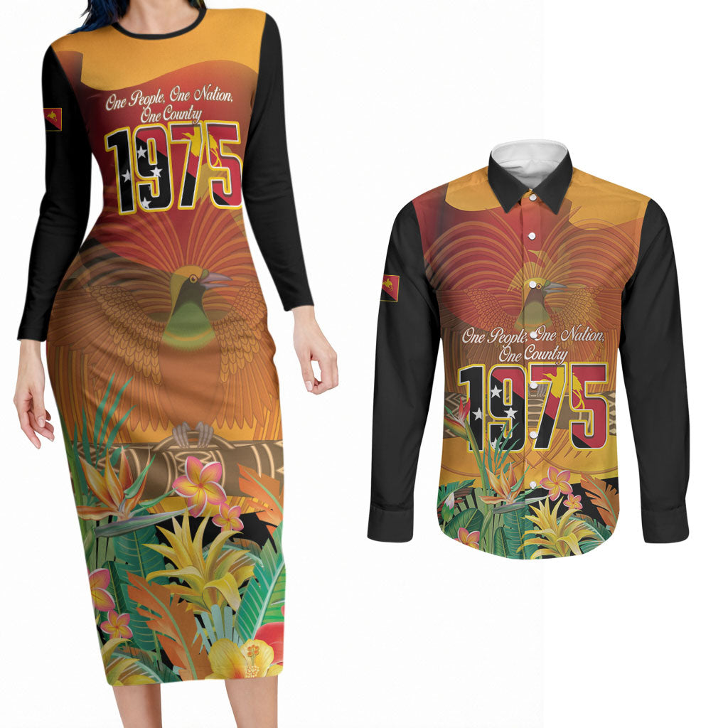 Personalised Papua New Guinea Independence Day Couples Matching Long Sleeve Bodycon Dress and Long Sleeve Button Shirt One People One Nation One Country LT14 Multicolor - Polynesian Pride