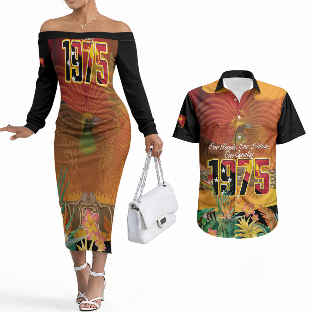 Personalised Papua New Guinea Independence Day Couples Matching Off The Shoulder Long Sleeve Dress and Hawaiian Shirt One People One Nation One Country LT14 Multicolor - Polynesian Pride