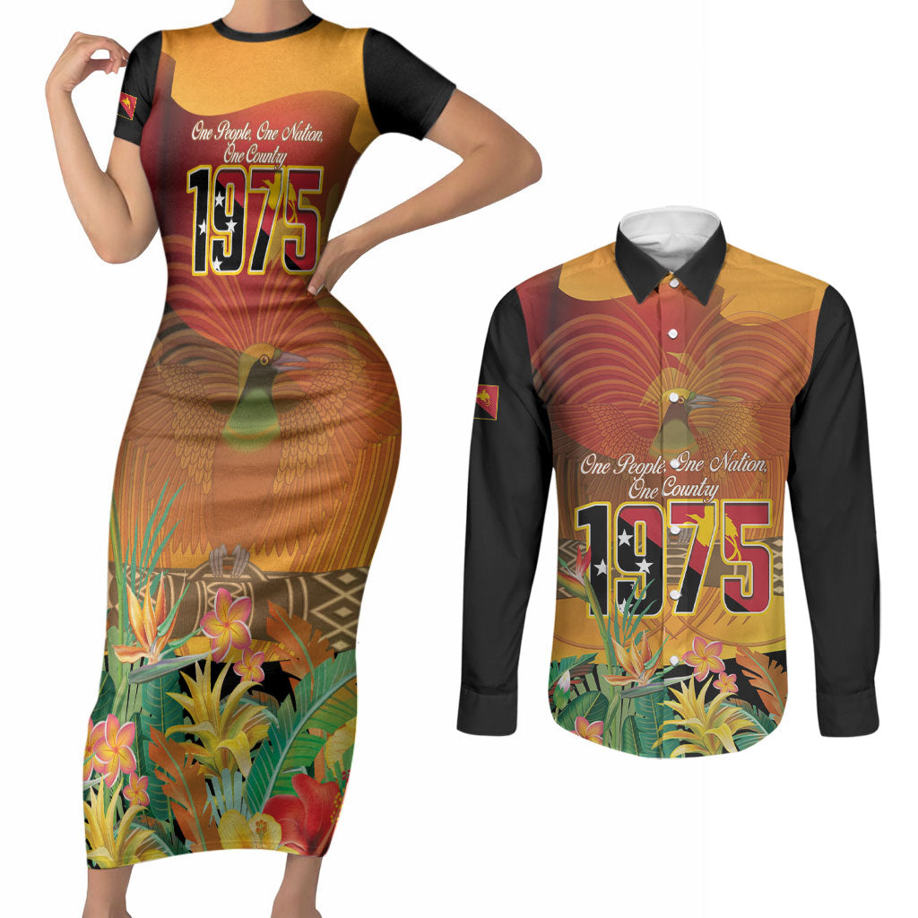 Personalised Papua New Guinea Independence Day Couples Matching Short Sleeve Bodycon Dress and Long Sleeve Button Shirt One People One Nation One Country LT14 Multicolor - Polynesian Pride