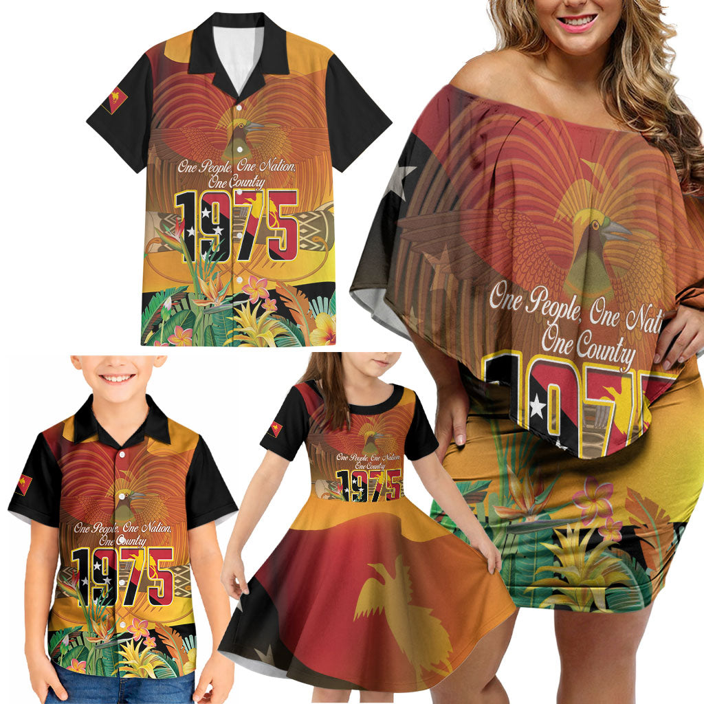Personalised Papua New Guinea Independence Day Family Matching Off Shoulder Short Dress and Hawaiian Shirt One People One Nation One Country LT14 - Polynesian Pride
