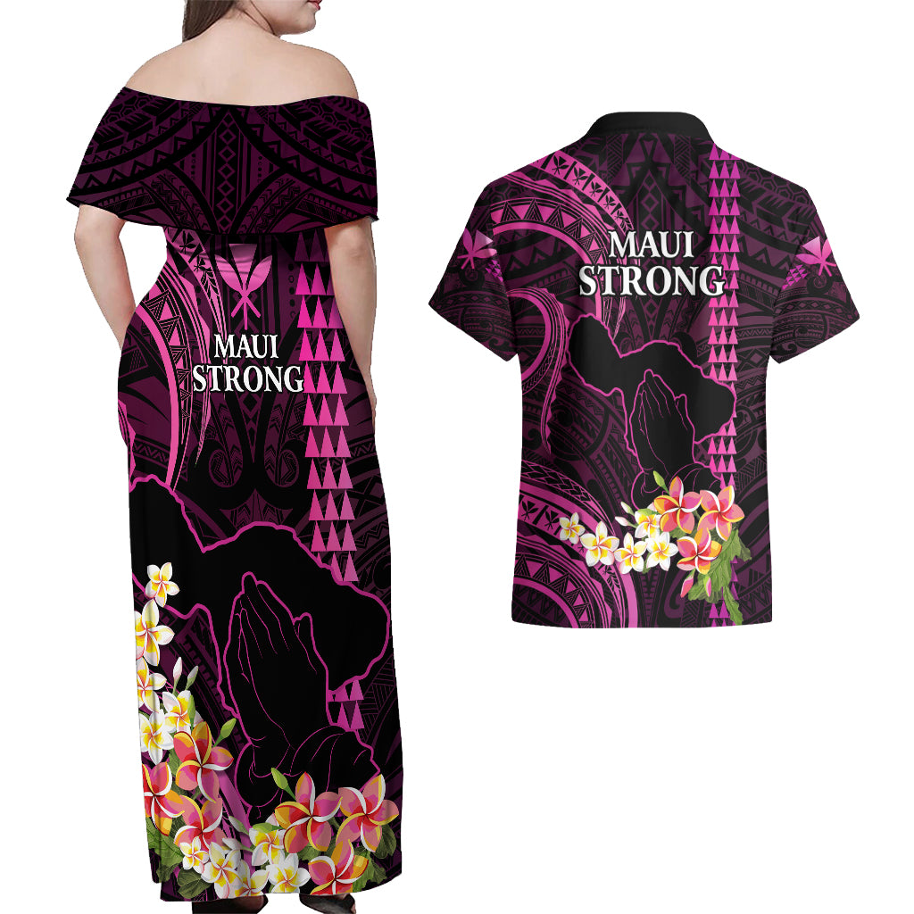 Hawaii Couples Matching Off Shoulder Maxi Dress and Hawaiian Shirt Pray For Maui Hawaiian Plumeria Be Strong Pink Verison LT14 - Polynesian Pride