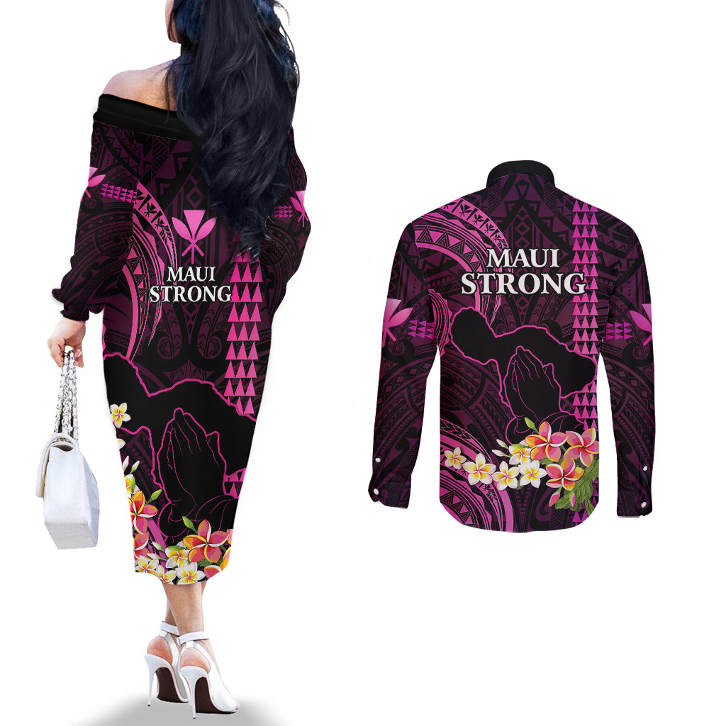 Hawaii Couples Matching Off The Shoulder Long Sleeve Dress and Long Sleeve Button Shirts Pray For Maui Hawaiian Plumeria Be Strong Pink Verison LT14 - Polynesian Pride