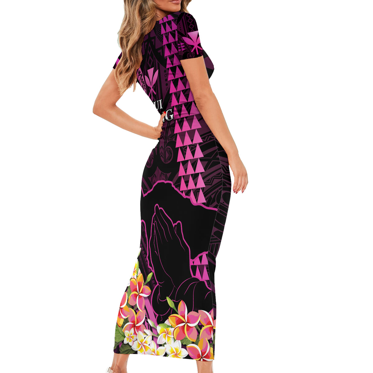 Hawaii Short Sleeve Bodycon Dress Pray For Maui Hawaiian Plumeria Be Strong Pink Verison LT14 - Polynesian Pride