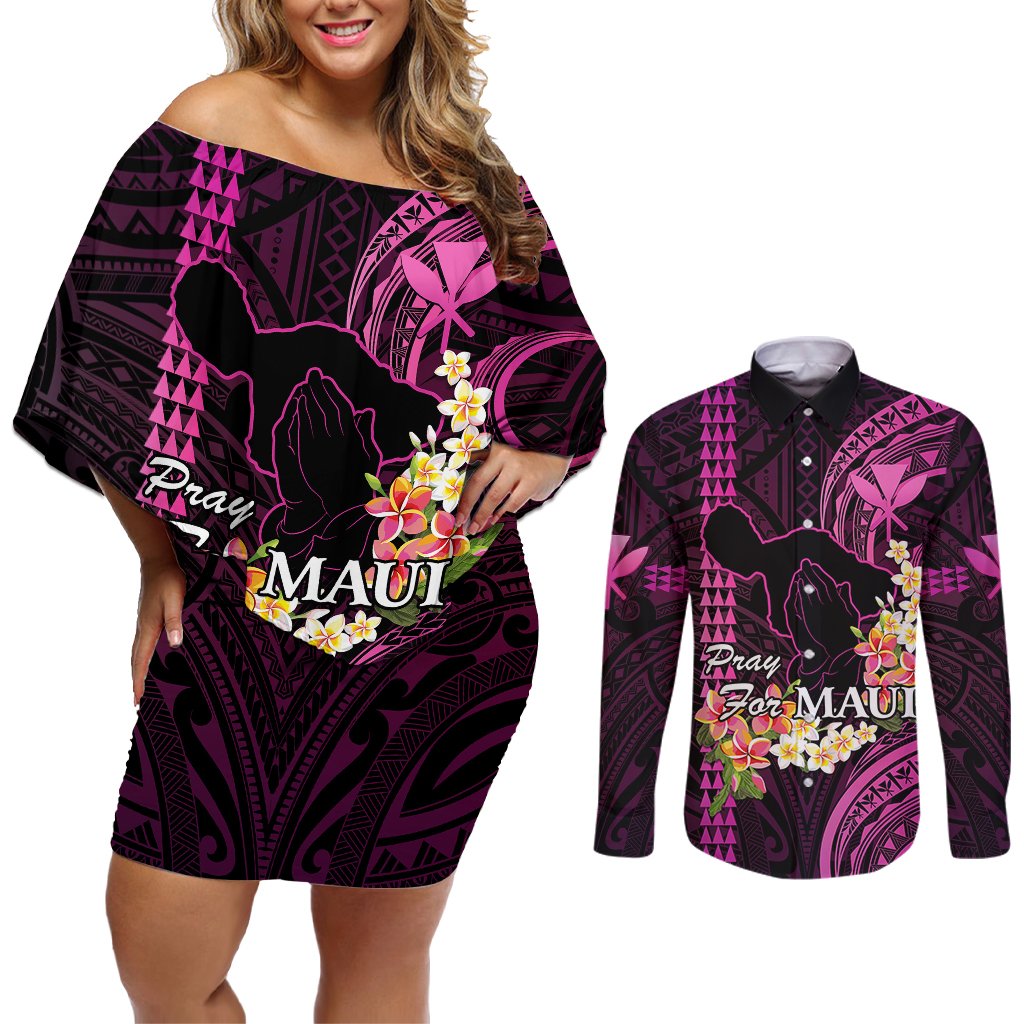 Personalised Hawaii Couples Matching Off Shoulder Short Dress and Long Sleeve Button Shirts Pray For Maui Hawaiian Plumeria Be Strong Pink Verison LT14 Pink - Polynesian Pride