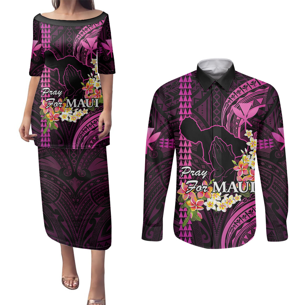 Personalised Hawaii Couples Matching Puletasi Dress and Long Sleeve Button Shirts Pray For Maui Hawaiian Plumeria Be Strong Pink Verison LT14 Pink - Polynesian Pride