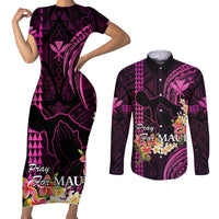 Personalised Hawaii Couples Matching Short Sleeve Bodycon Dress and Long Sleeve Button Shirts Pray For Maui Hawaiian Plumeria Be Strong Pink Verison LT14 Pink - Polynesian Pride