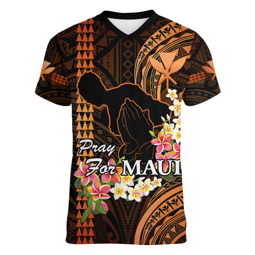 Hawaii Women V Neck T Shirt Pray For Maui Hawaiian Plumeria Be Strong Gold Verison LT14 Female Gold - Polynesian Pride