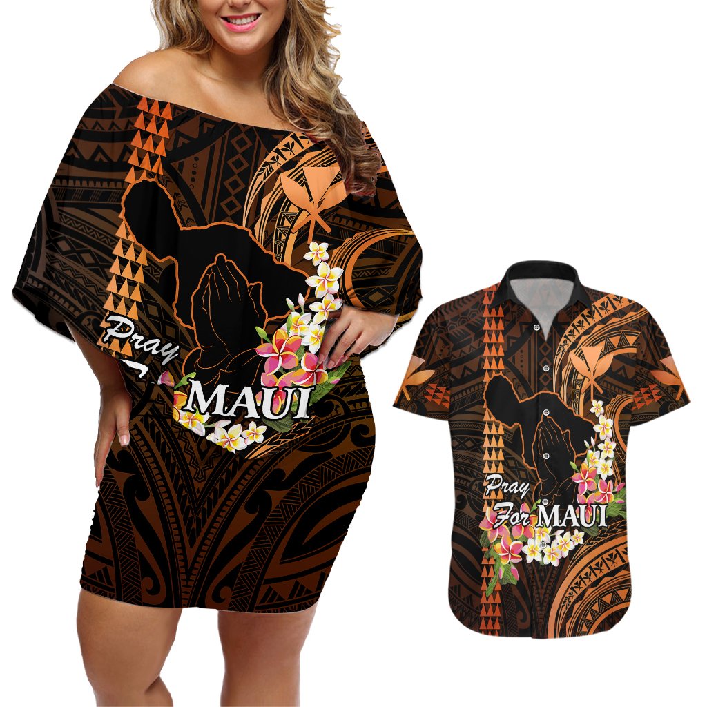Personalised Hawaii Couples Matching Off Shoulder Short Dress and Hawaiian Shirt Pray For Maui Hawaiian Plumeria Be Strong Gold Verison LT14 Gold - Polynesian Pride