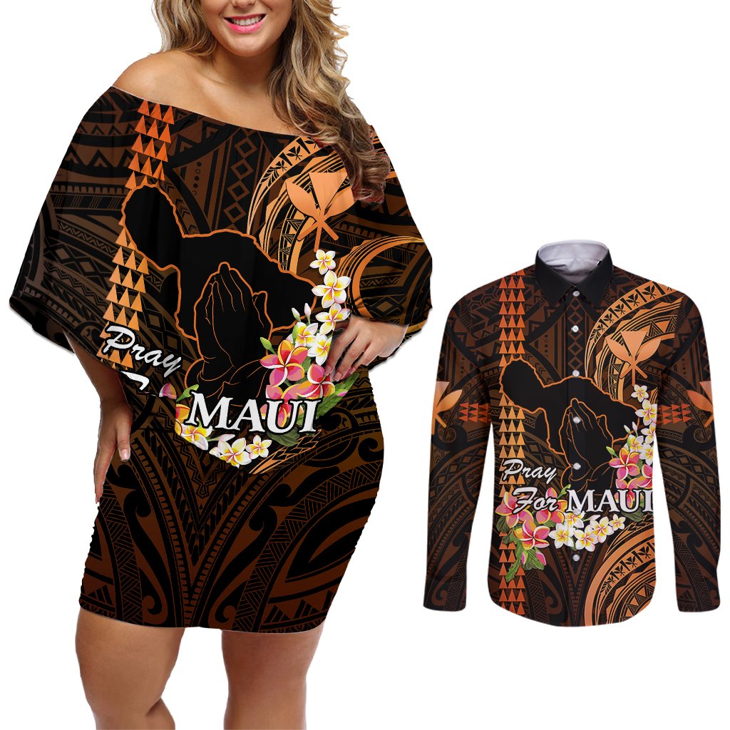 Personalised Hawaii Couples Matching Off Shoulder Short Dress and Long Sleeve Button Shirts Pray For Maui Hawaiian Plumeria Be Strong Gold Verison LT14 Gold - Polynesian Pride