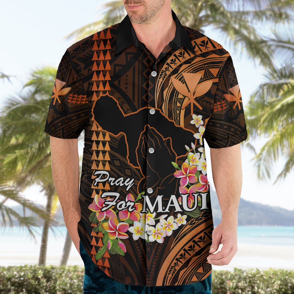 Personalised Hawaii Hawaiian Shirt Pray For Maui Hawaiian Plumeria Be Strong Gold Verison LT14 - Polynesian Pride