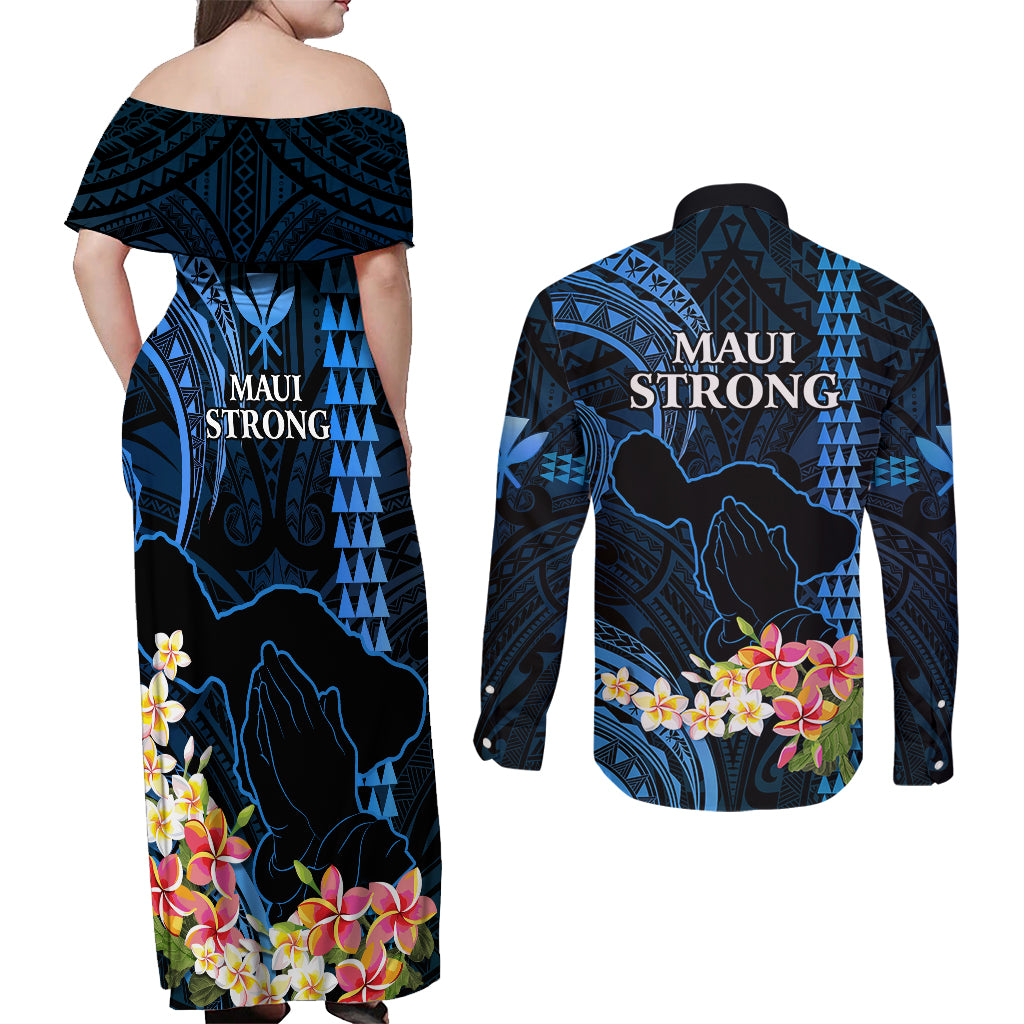 Hawaii Couples Matching Off Shoulder Maxi Dress and Long Sleeve Button Shirts Pray For Maui Hawaiian Plumeria Be Strong Blue Verison LT14 - Polynesian Pride