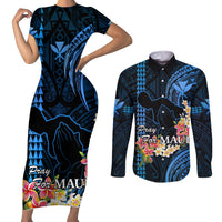 Hawaii Couples Matching Short Sleeve Bodycon Dress and Long Sleeve Button Shirts Pray For Maui Hawaiian Plumeria Be Strong Blue Verison LT14 Blue - Polynesian Pride