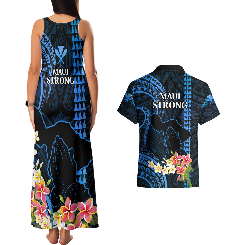 Hawaii Couples Matching Tank Maxi Dress and Hawaiian Shirt Pray For Maui Hawaiian Plumeria Be Strong Blue Verison LT14 - Polynesian Pride