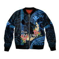 Personalised Hawaii Sleeve Zip Bomber Jacket Pray For Maui Hawaiian Plumeria Be Strong Blue Verison LT14 Unisex Blue - Polynesian Pride