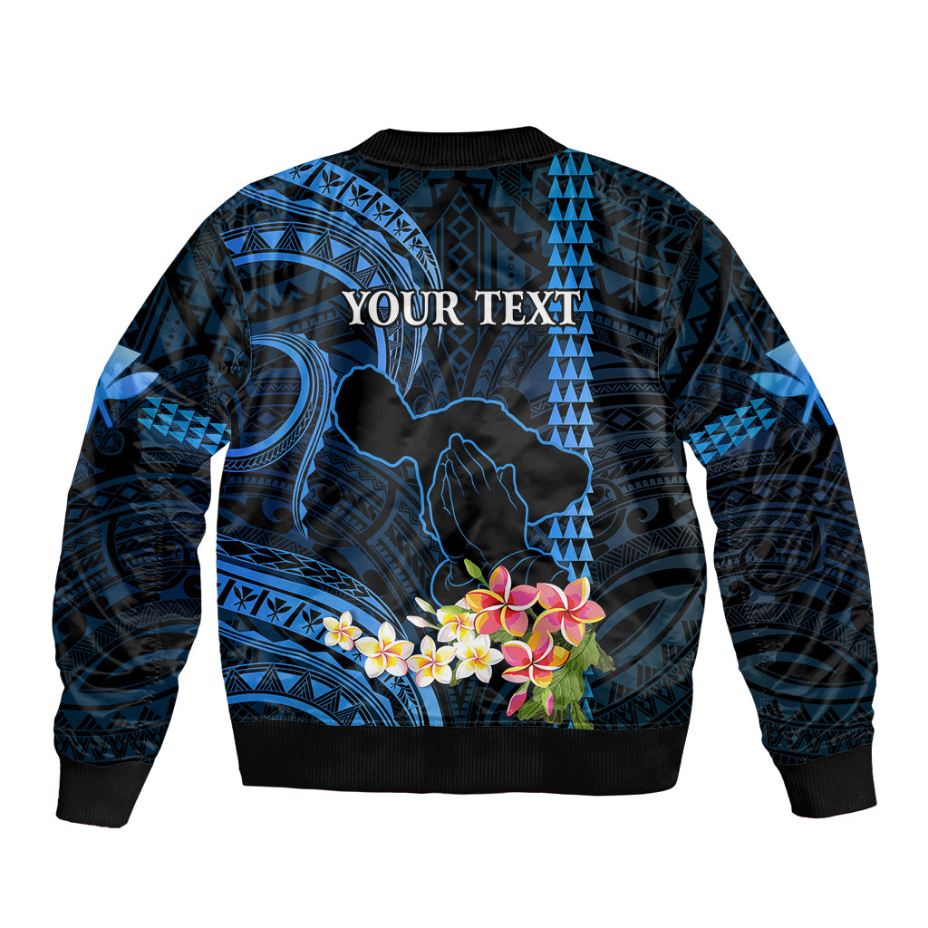 Personalised Hawaii Sleeve Zip Bomber Jacket Pray For Maui Hawaiian Plumeria Be Strong Blue Verison LT14 - Polynesian Pride