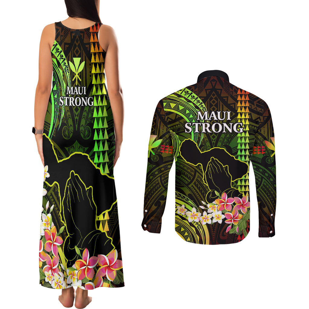 Hawaii Couples Matching Tank Maxi Dress and Long Sleeve Button Shirts Pray For Maui Hawaiian Plumeria Be Strong Reggae Verison LT14 - Polynesian Pride