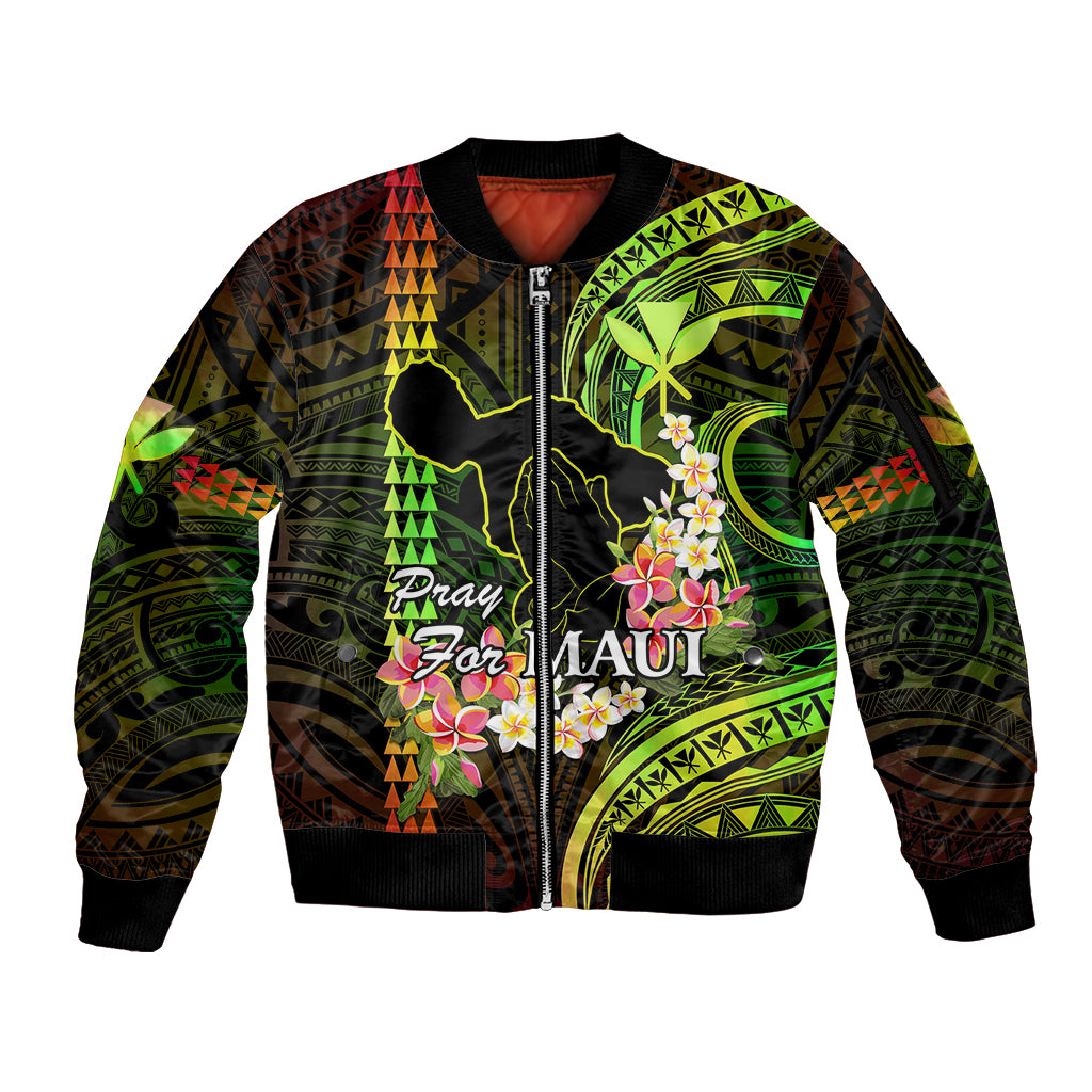 Hawaii Sleeve Zip Bomber Jacket Pray For Maui Hawaiian Plumeria Be Strong Reggae Verison LT14 Unisex Reggae - Polynesian Pride