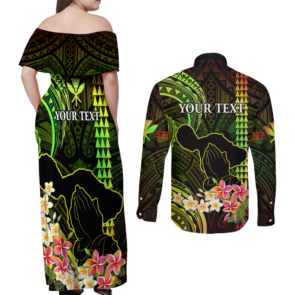 Personalised Hawaii Couples Matching Off Shoulder Maxi Dress and Long Sleeve Button Shirts Pray For Maui Hawaiian Plumeria Be Strong Reggae Verison LT14 - Polynesian Pride
