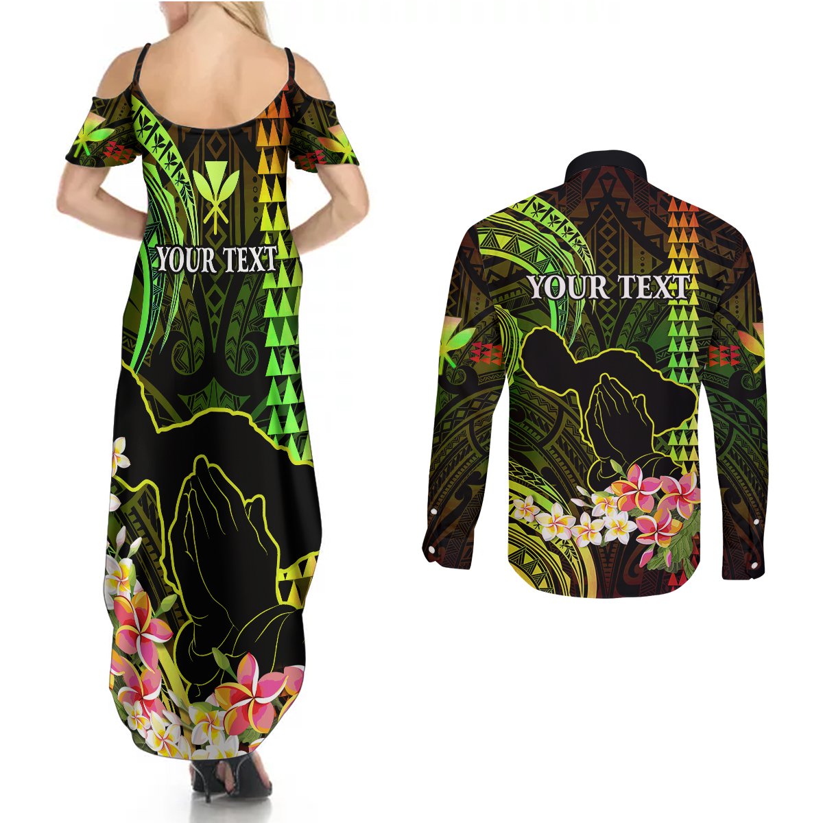 Personalised Hawaii Couples Matching Summer Maxi Dress and Long Sleeve Button Shirts Pray For Maui Hawaiian Plumeria Be Strong Reggae Verison LT14 - Polynesian Pride