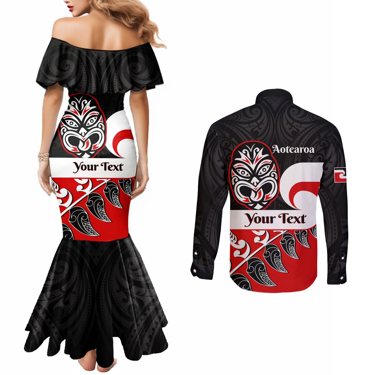 Personalised Te Reo Maori New Zealand Couples Matching Mermaid Dress and Long Sleeve Button Shirts Kia Haka Maori Fern With Tino Rangatiratanga LT14 - Polynesian Pride