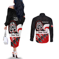 Personalised Te Reo Maori New Zealand Couples Matching Off The Shoulder Long Sleeve Dress and Long Sleeve Button Shirts Kia Haka Maori Fern With Tino Rangatiratanga LT14 - Polynesian Pride