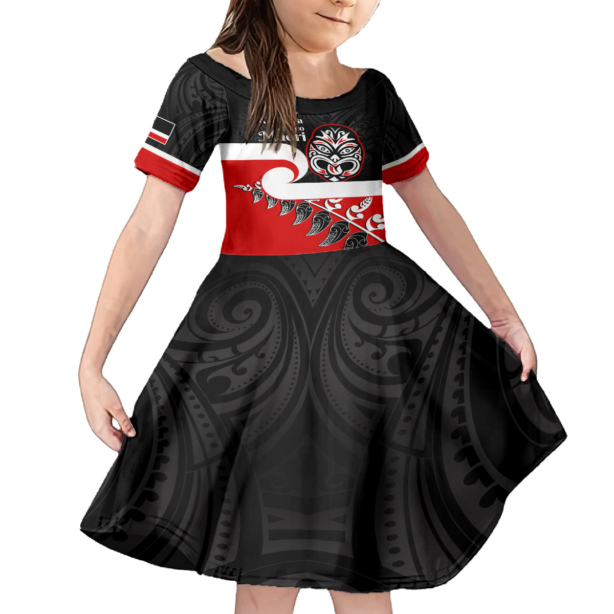 Personalised Te Reo Maori New Zealand Family Matching Off Shoulder Long Sleeve Dress and Hawaiian Shirt Kia Haka Maori Fern With Tino Rangatiratanga LT14 Daughter's Dress Red - Polynesian Pride