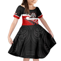 Personalised Te Reo Maori New Zealand Family Matching Off Shoulder Long Sleeve Dress and Hawaiian Shirt Kia Haka Maori Fern With Tino Rangatiratanga LT14 Daughter's Dress Red - Polynesian Pride