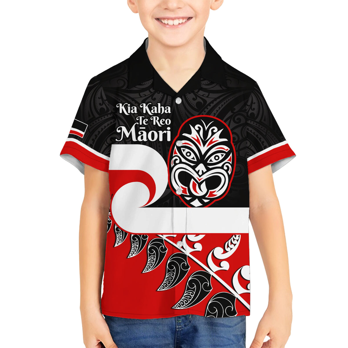Personalised Te Reo Maori New Zealand Family Matching Off Shoulder Long Sleeve Dress and Hawaiian Shirt Kia Haka Maori Fern With Tino Rangatiratanga LT14 Son's Shirt Red - Polynesian Pride