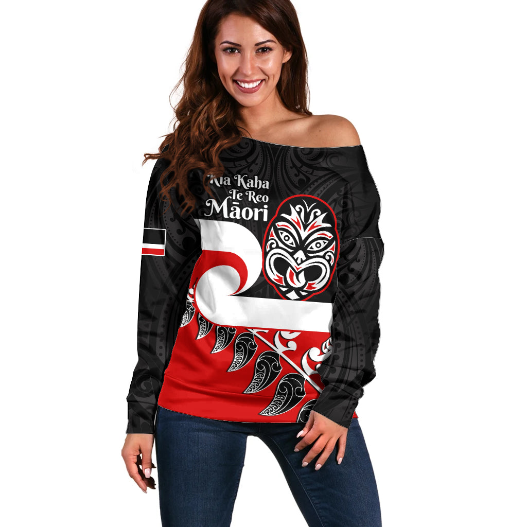 Personalised Te Reo Maori New Zealand Off Shoulder Sweater Kia Haka Maori Fern With Tino Rangatiratanga LT14 Women Red - Polynesian Pride