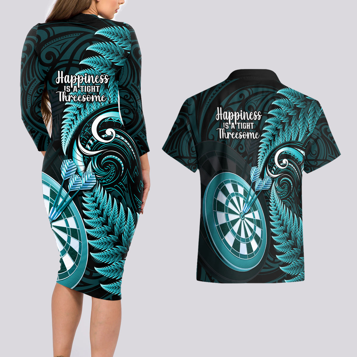 New Zealand Darts Couples Matching Long Sleeve Bodycon Dress and Hawaiian Shirt Happiness Is A Tight Threesome Maori Turquoise LT14 - Polynesian Pride
