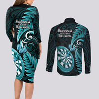 New Zealand Darts Couples Matching Long Sleeve Bodycon Dress and Long Sleeve Button Shirts Happiness Is A Tight Threesome Maori Turquoise LT14 - Polynesian Pride