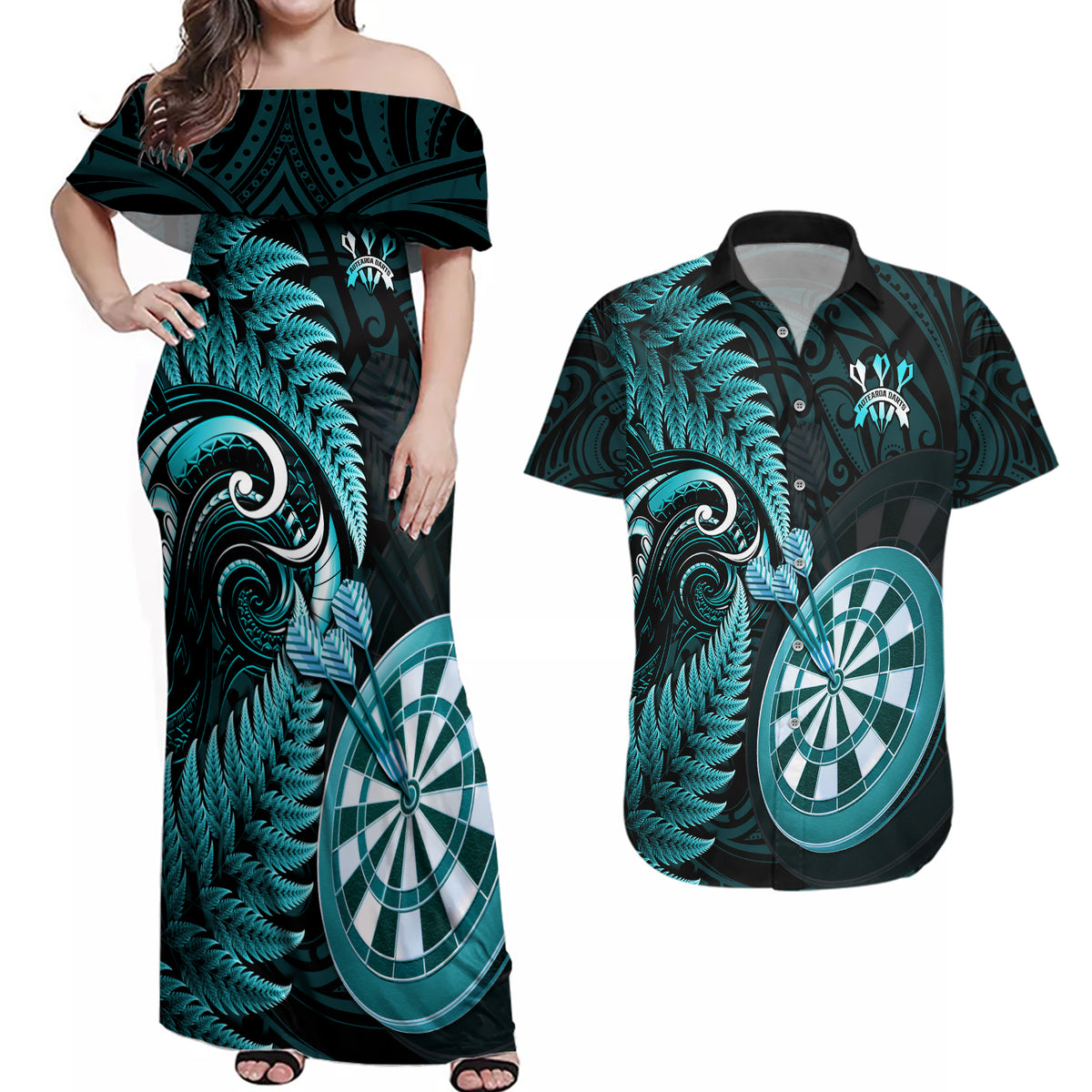 New Zealand Darts Couples Matching Off Shoulder Maxi Dress and Hawaiian Shirt Happiness Is A Tight Threesome Maori Turquoise LT14 Turquoise - Polynesian Pride