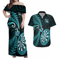 New Zealand Darts Couples Matching Off Shoulder Maxi Dress and Hawaiian Shirt Happiness Is A Tight Threesome Maori Turquoise LT14 Turquoise - Polynesian Pride