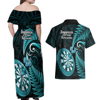 New Zealand Darts Couples Matching Off Shoulder Maxi Dress and Hawaiian Shirt Happiness Is A Tight Threesome Maori Turquoise LT14 - Polynesian Pride