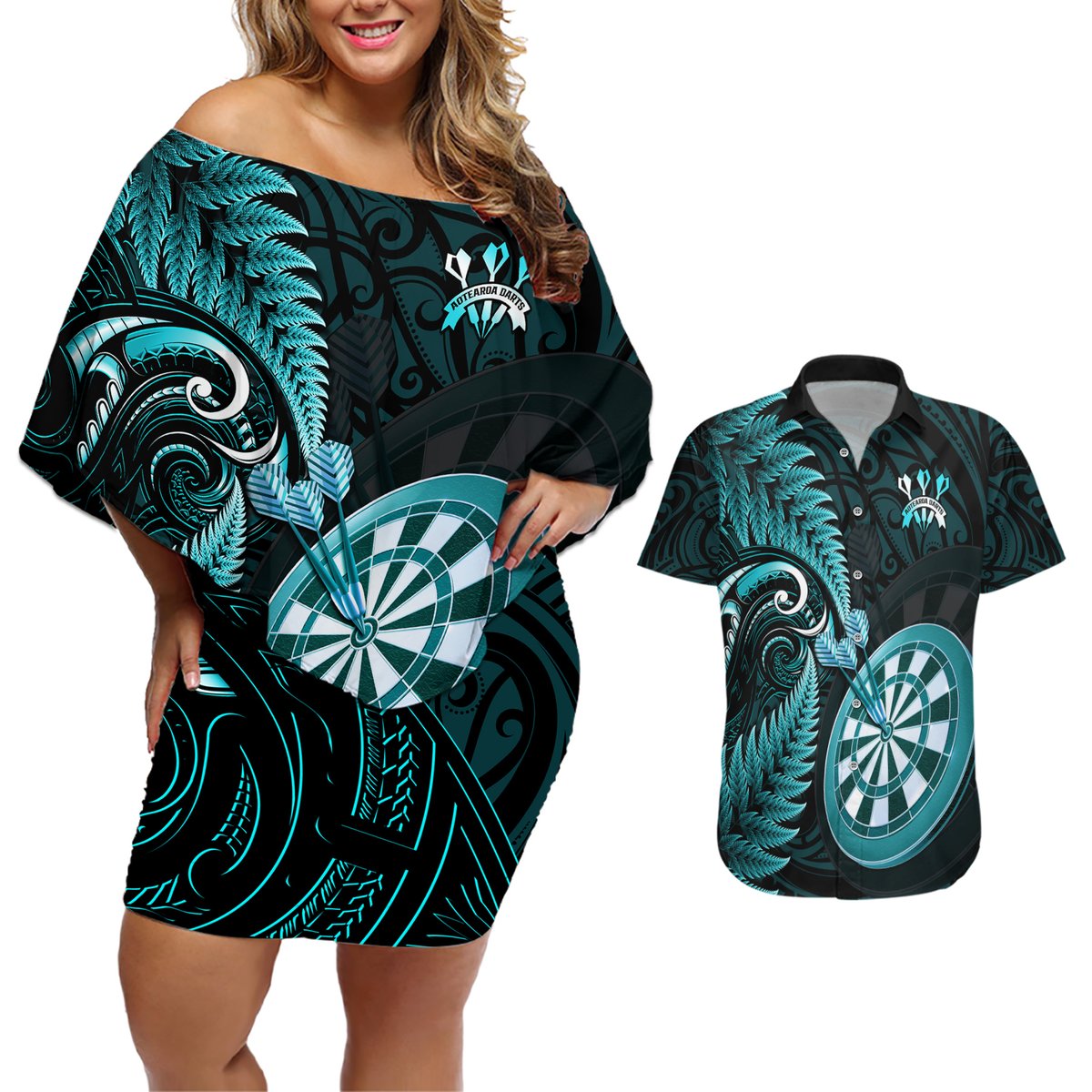 New Zealand Darts Couples Matching Off Shoulder Short Dress and Hawaiian Shirt Happiness Is A Tight Threesome Maori Turquoise LT14 Turquoise - Polynesian Pride