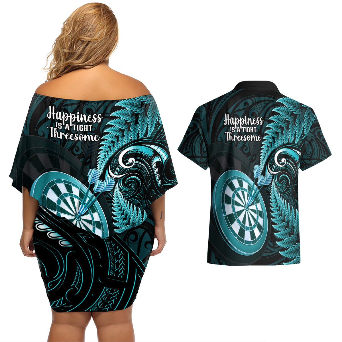 New Zealand Darts Couples Matching Off Shoulder Short Dress and Hawaiian Shirt Happiness Is A Tight Threesome Maori Turquoise LT14 - Polynesian Pride